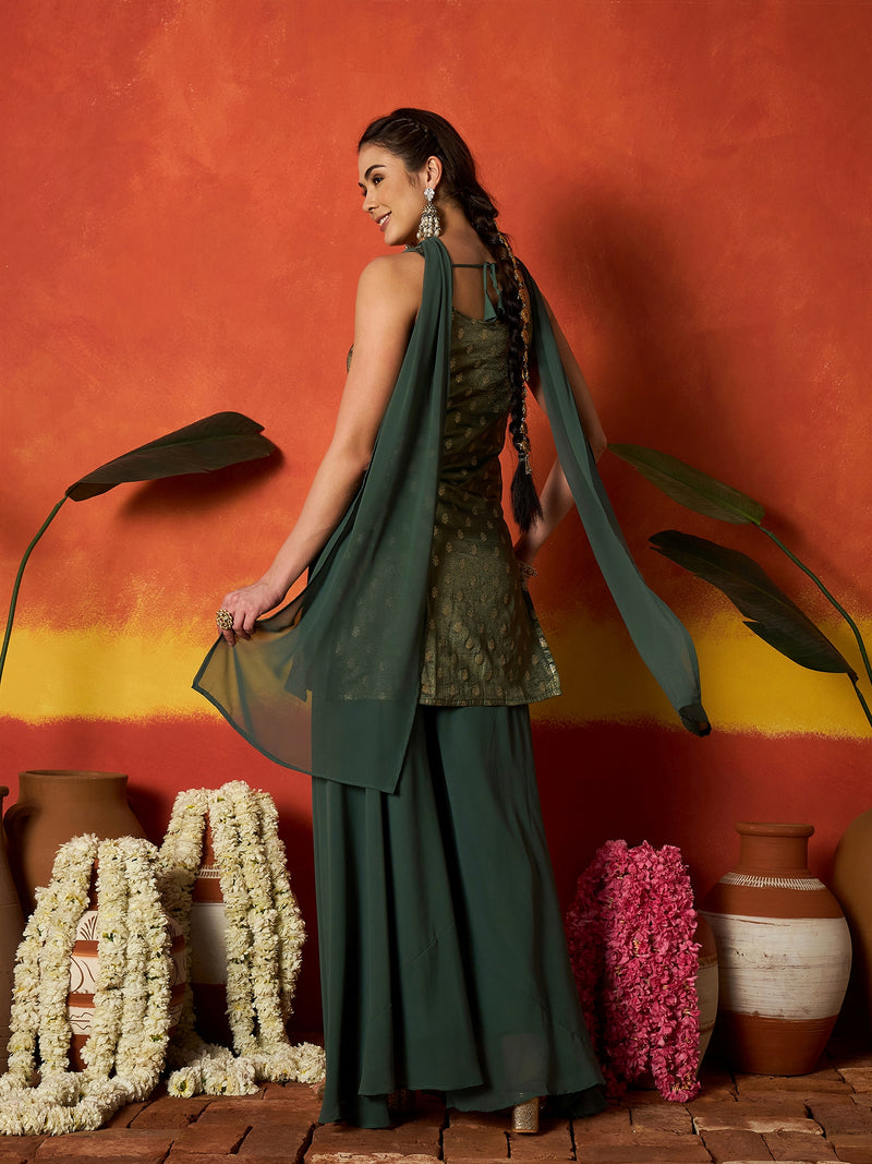 Stylum Women's Green Woven Design & Embroidered Brocade Straight Kurti Palazzo Dupatta Set (KPDGREENSANDESH)