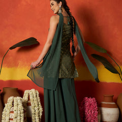 Stylum Women's Green Woven Design & Embroidered Brocade Straight Kurti Palazzo Dupatta Set (KPDGREENSANDESH)