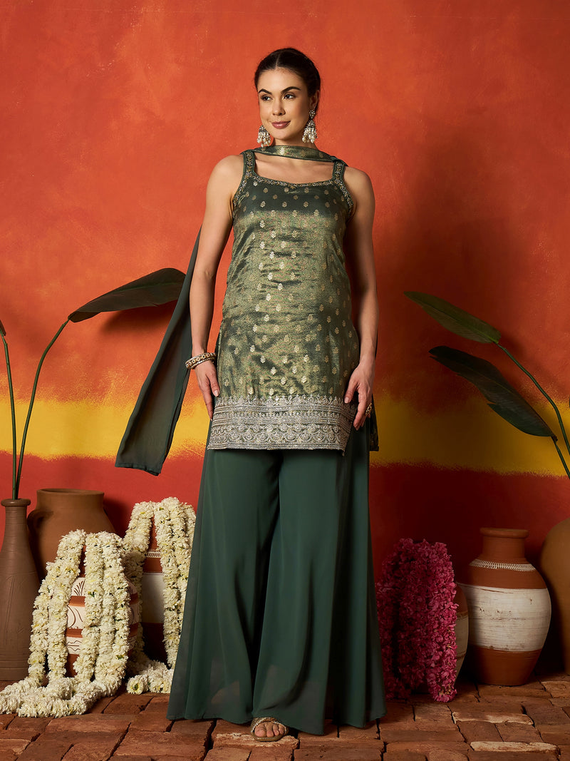 Stylum Women's Green Woven Design & Embroidered Brocade Straight Kurti Palazzo Dupatta Set (KPDGREENSANDESH)