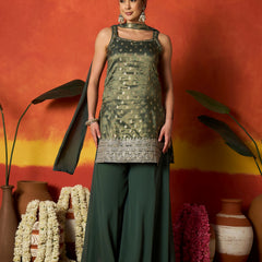 Stylum Women's Green Woven Design & Embroidered Brocade Straight Kurti Palazzo Dupatta Set (KPDGREENSANDESH)