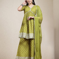 Stylum Women's Ethnic Motif Printed Naira Cut Rayon Kurta Palazzo Dupatta Set (KPDGREENSANJH)