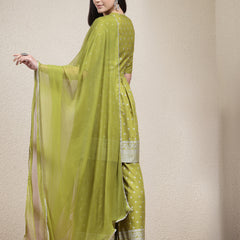 Stylum Women's Ethnic Motif Printed Naira Cut Rayon Kurta Palazzo Dupatta Set (KPDGREENSANJH)