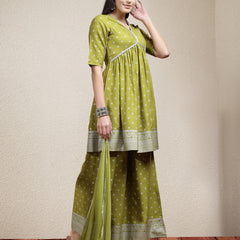 Stylum Women's Ethnic Motif Printed Naira Cut Rayon Kurta Palazzo Dupatta Set (KPDGREENSANJH)