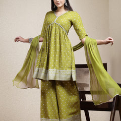 Stylum Women's Ethnic Motif Printed Naira Cut Rayon Kurta Palazzo Dupatta Set (KPDGREENSANJH)