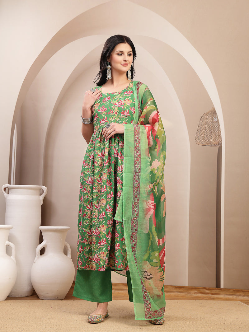 Stylum Women's Green Floral Printed Rayon Flared Kurta Palazzo Dupatta Set (KPDGREENSUFIYA)