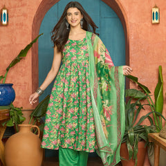 Stylum Women's Green Floral Printed Rayon Flared Kurta Palazzo Dupatta Set (KPDGREENSUFIYA)