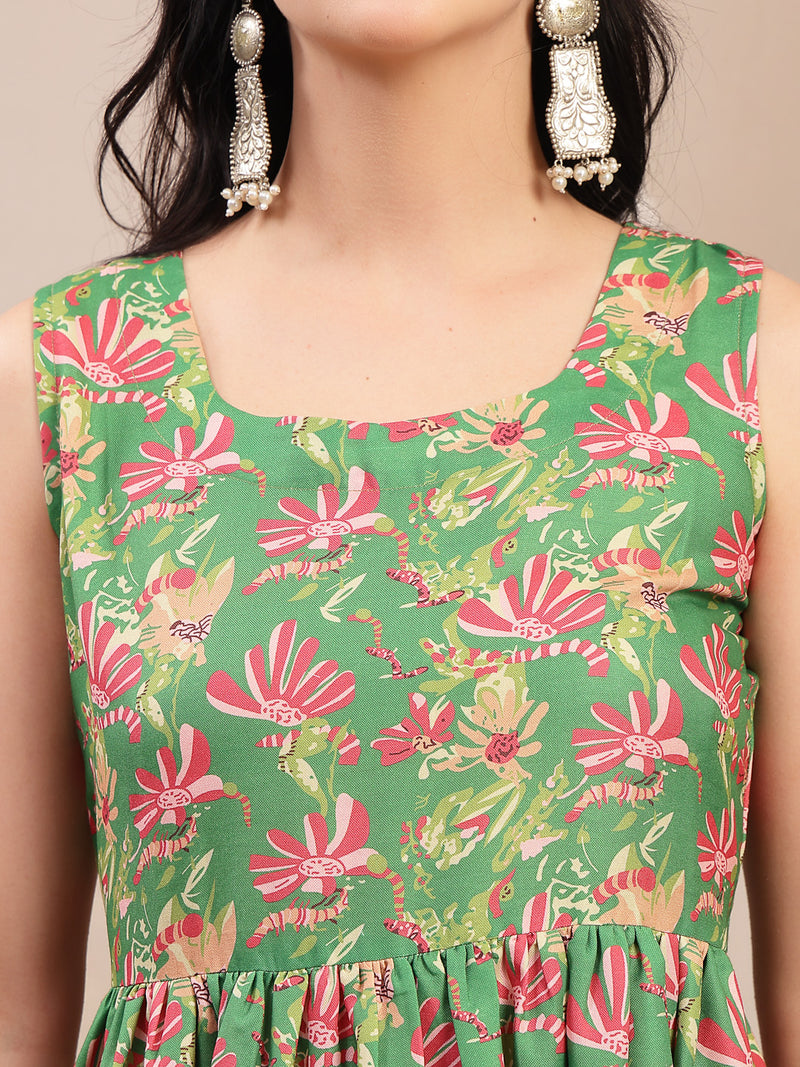 Stylum Women's Green Floral Printed Rayon Flared Kurta Palazzo Dupatta Set (KPDGREENSUFIYA)