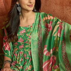 Stylum Women's Green Floral Printed Rayon Flared Kurta Palazzo Dupatta Set (KPDGREENSUFIYA)