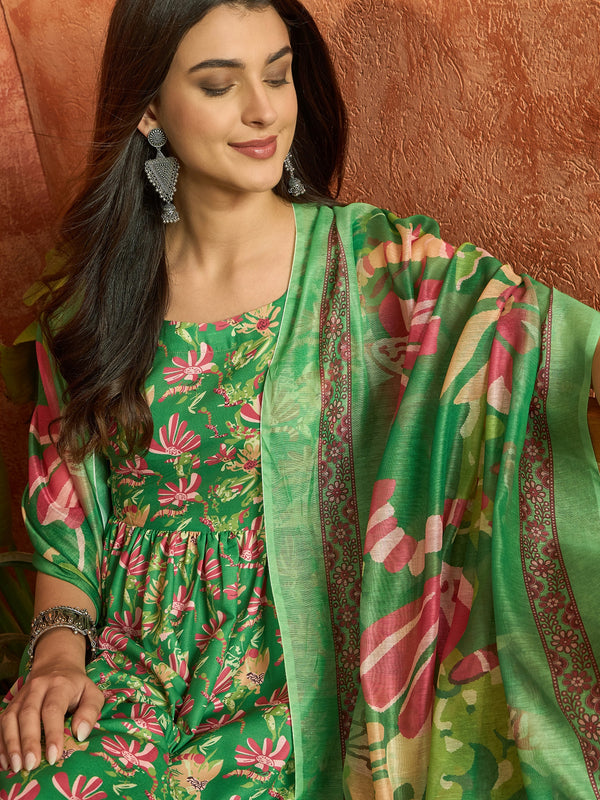 Stylum Women's Green Floral Printed Rayon Flared Kurta Palazzo Dupatta Set (KPDGREENSUFIYA)