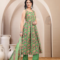 Stylum Women's Green Floral Printed Rayon Flared Kurta Palazzo Dupatta Set (KPDGREENSUFIYA)