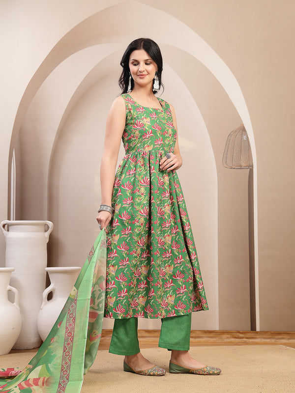 Stylum Women's Green Floral Printed Rayon Flared Kurta Palazzo Dupatta Set (KPDGREENSUFIYA)