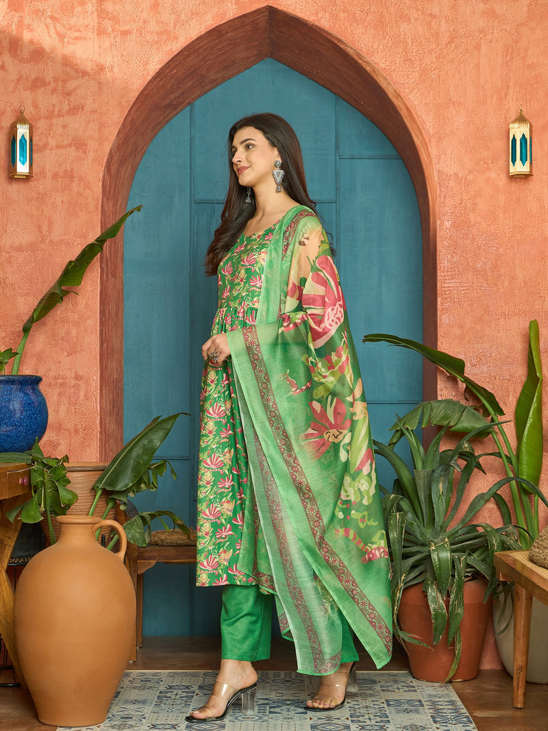 Stylum Women's Green Floral Printed Rayon Flared Kurta Palazzo Dupatta Set (KPDGREENSUFIYA)