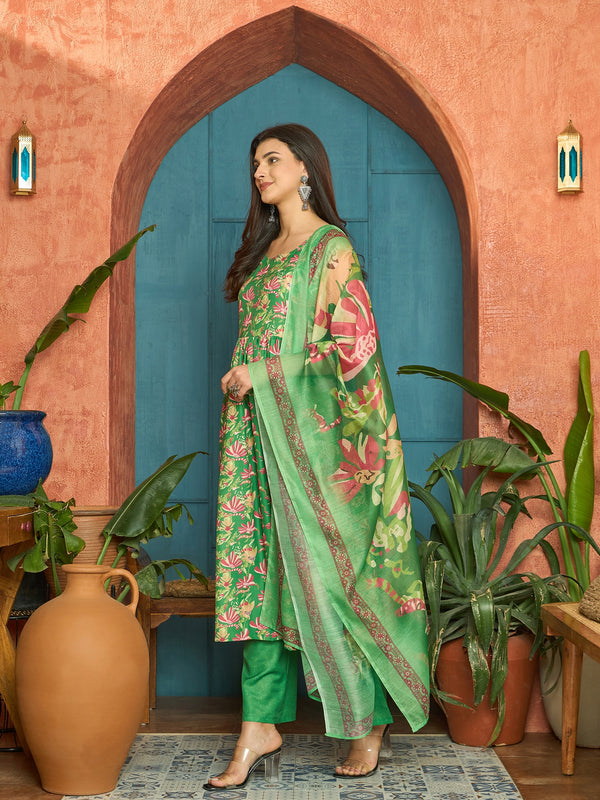 Stylum Women's Green Floral Printed Rayon Flared Kurta Palazzo Dupatta Set (KPDGREENSUFIYA)