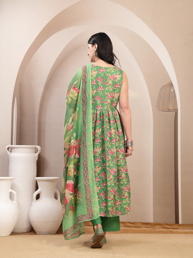 Stylum Women's Green Floral Printed Rayon Flared Kurta Palazzo Dupatta Set (KPDGREENSUFIYA)