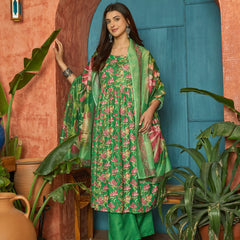 Stylum Women's Green Floral Printed Rayon Flared Kurta Palazzo Dupatta Set (KPDGREENSUFIYA)