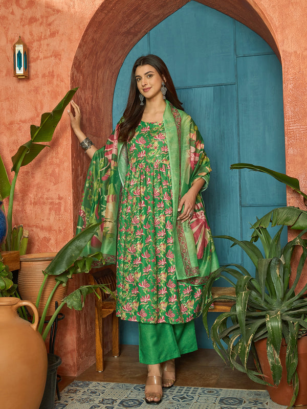 Stylum Women's Green Floral Printed Rayon Flared Kurta Palazzo Dupatta Set (KPDGREENSUFIYA)