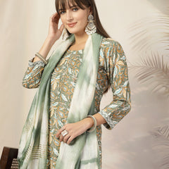Stylum Women's Green Tropical Printed Cotton Blend Straight Kurta Pant Dupatta Set (KPDGREENTAANI)