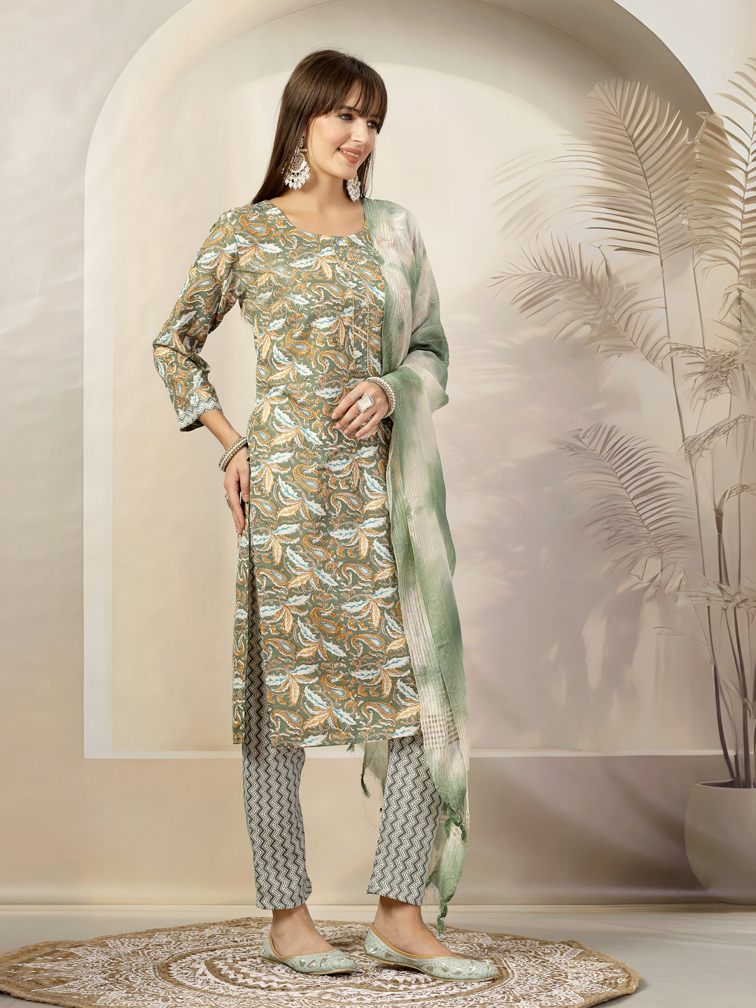 Stylum Women's Green Tropical Printed Cotton Blend Straight Kurta Pant Dupatta Set (KPDGREENTAANI)