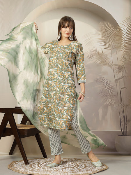 Stylum Women's Green Tropical Printed Cotton Blend Straight Kurta Pant Dupatta Set (KPDGREENTAANI)
