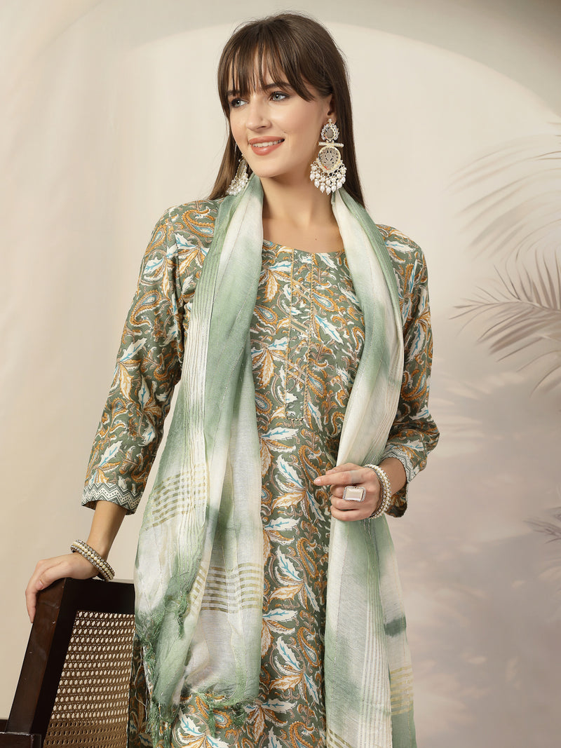 Stylum Women's Green Tropical Printed Cotton Blend Straight Kurta Pant Dupatta Set (KPDGREENTAANI)
