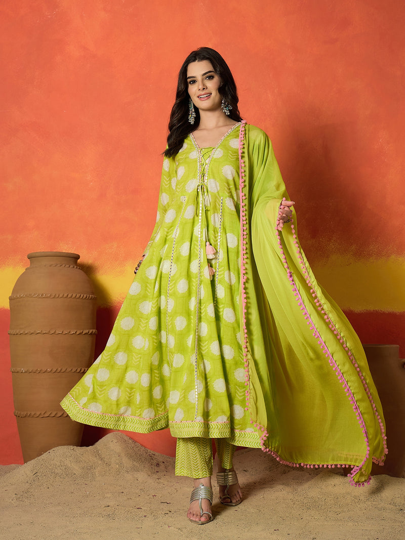 Stylum Women's Green Ethnic Motif Printed Pure Cotton Anarkali Kurta Pant Dupatta Set (KPDGREENTRENT)
