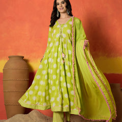 Stylum Women's Green Ethnic Motif Printed Pure Cotton Anarkali Kurta Pant Dupatta Set (KPDGREENTRENT)