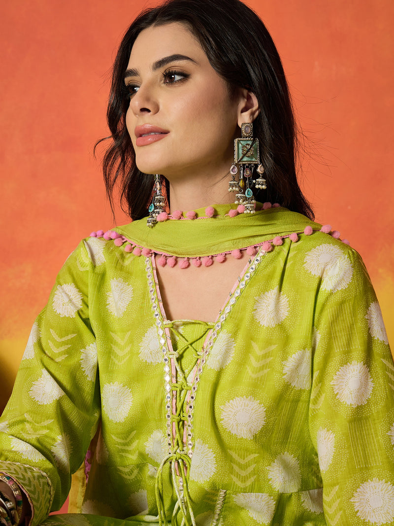 Stylum Women's Green Ethnic Motif Printed Pure Cotton Anarkali Kurta Pant Dupatta Set (KPDGREENTRENT)