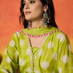 Stylum Women's Green Ethnic Motif Printed Pure Cotton Anarkali Kurta Pant Dupatta Set (KPDGREENTRENT)