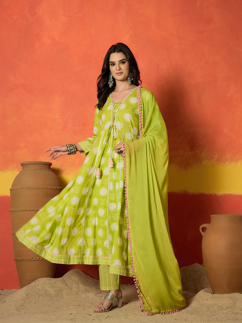 Stylum Women's Green Ethnic Motif Printed Pure Cotton Anarkali Kurta Pant Dupatta Set (KPDGREENTRENT)