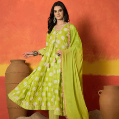 Stylum Women's Green Ethnic Motif Printed Pure Cotton Anarkali Kurta Pant Dupatta Set (KPDGREENTRENT)