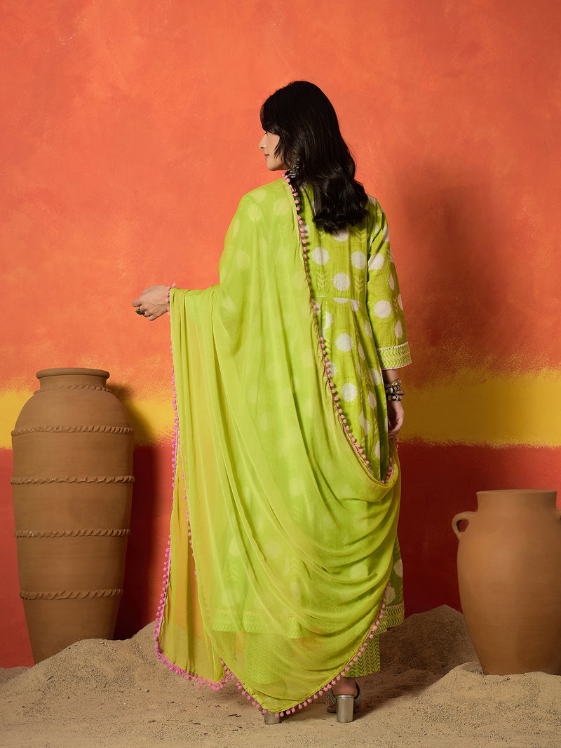 Stylum Women's Green Ethnic Motif Printed Pure Cotton Anarkali Kurta Pant Dupatta Set (KPDGREENTRENT)
