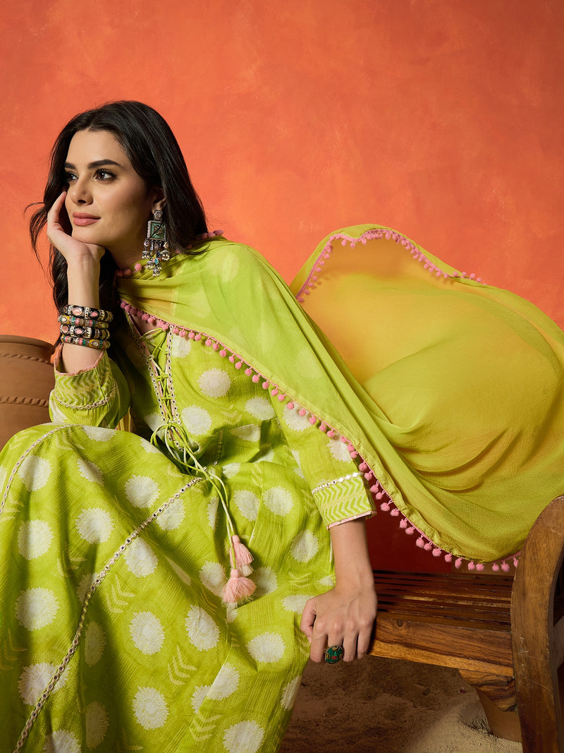 Stylum Women's Green Ethnic Motif Printed Pure Cotton Anarkali Kurta Pant Dupatta Set (KPDGREENTRENT)