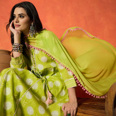 Stylum Women's Green Ethnic Motif Printed Pure Cotton Anarkali Kurta Pant Dupatta Set (KPDGREENTRENT)