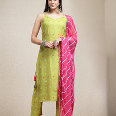 Stylum Women's Bandhej Printed Rayon Straight Kurta Pant Dupatta Set (KPDGREENVILLA)