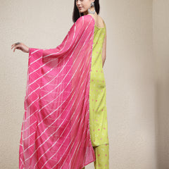 Stylum Women's Bandhej Printed Rayon Straight Kurta Pant Dupatta Set (KPDGREENVILLA)