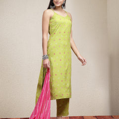 Stylum Women's Bandhej Printed Rayon Straight Kurta Pant Dupatta Set (KPDGREENVILLA)