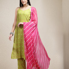 Stylum Women's Bandhej Printed Rayon Straight Kurta Pant Dupatta Set (KPDGREENVILLA)