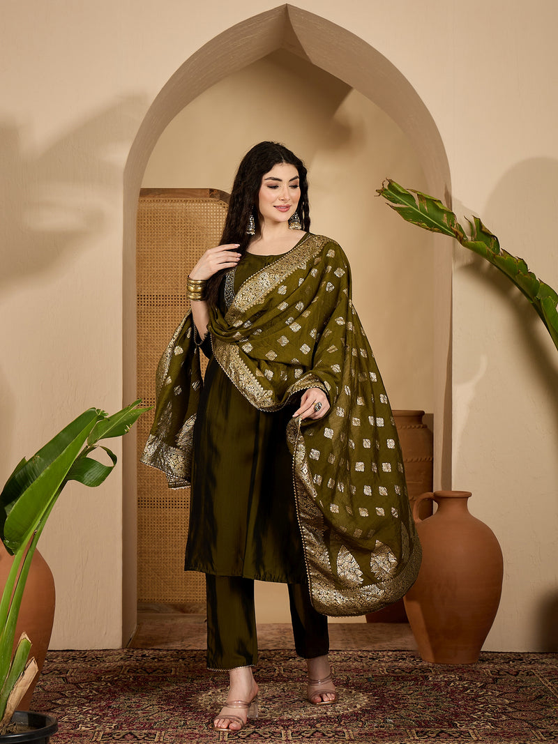 Stylum Women's Green Solid Roman Silk Straight Kurta Pant Dupatta Set (KPDGREENVIRAL)