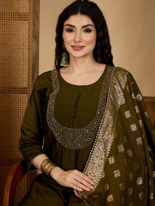 Stylum Women's Green Solid Roman Silk Straight Kurta Pant Dupatta Set (KPDGREENVIRAL)