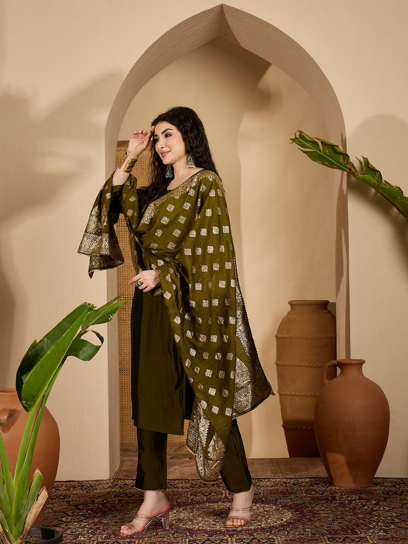 Stylum Women's Green Solid Roman Silk Straight Kurta Pant Dupatta Set (KPDGREENVIRAL)