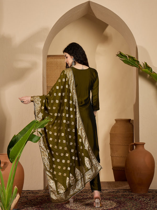 Stylum Women's Green Solid Roman Silk Straight Kurta Pant Dupatta Set (KPDGREENVIRAL)