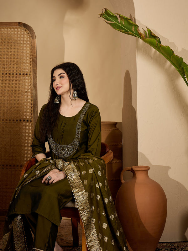 Stylum Women's Green Solid Roman Silk Straight Kurta Pant Dupatta Set (KPDGREENVIRAL)