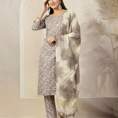 Stylum Women's Grey Ethnic Printed Cotton Blend Straight Kurta Pant Dupatta Set (KPDGREYJUNA)