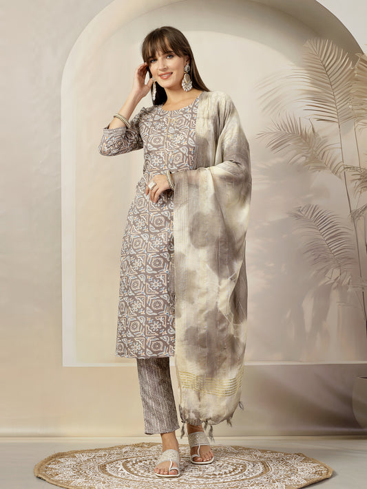 Stylum Women's Grey Ethnic Printed Cotton Blend Straight Kurta Pant Dupatta Set (KPDGREYJUNA)