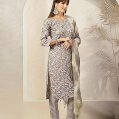 Stylum Women's Grey Ethnic Printed Cotton Blend Straight Kurta Pant Dupatta Set (KPDGREYJUNA)