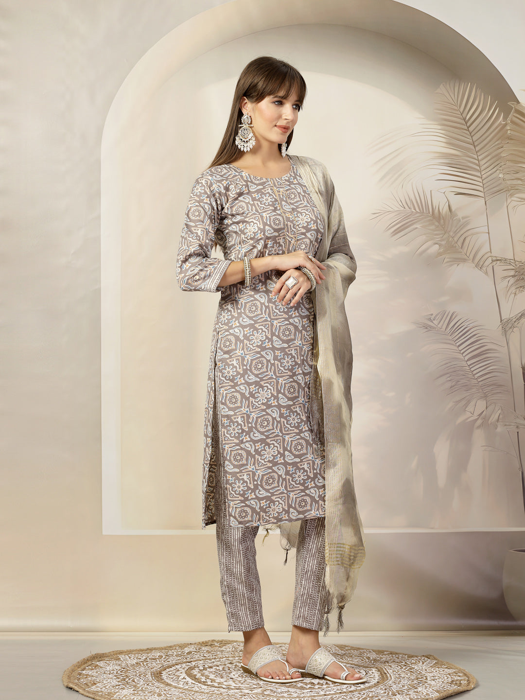 Stylum Women's Grey Ethnic Printed Cotton Blend Straight Kurta Pant Dupatta Set (KPDGREYJUNA)