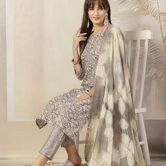 Stylum Women's Grey Ethnic Printed Cotton Blend Straight Kurta Pant Dupatta Set (KPDGREYJUNA)