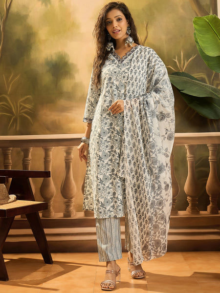 Stylum Women's Grey Floral Printed Cotton Straight Kurta Pant Dupatta Set (KPDGREYJUNG)