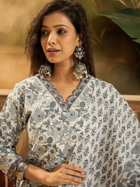 Stylum Women's Grey Floral Printed Cotton Straight Kurta Pant Dupatta Set (KPDGREYJUNG)