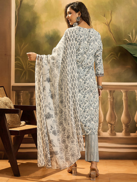 Stylum Women's Grey Floral Printed Cotton Straight Kurta Pant Dupatta Set (KPDGREYJUNG)
